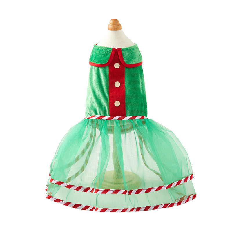 Pet Green Gauze Skirt Hat Suit Holiday Clothing
