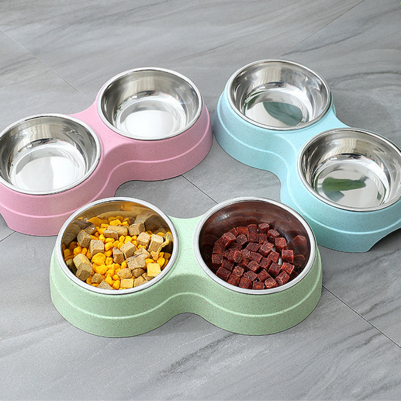 Double Pet Bowls Food Water Feeder Stainless Steel