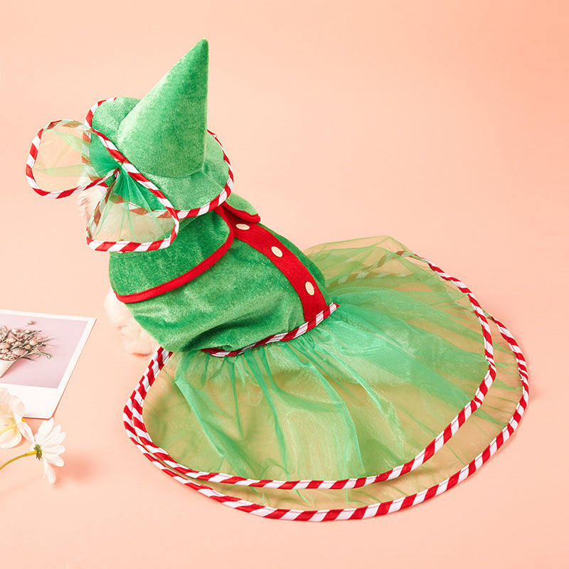 Pet Green Gauze Skirt Hat Suit Holiday Clothing
