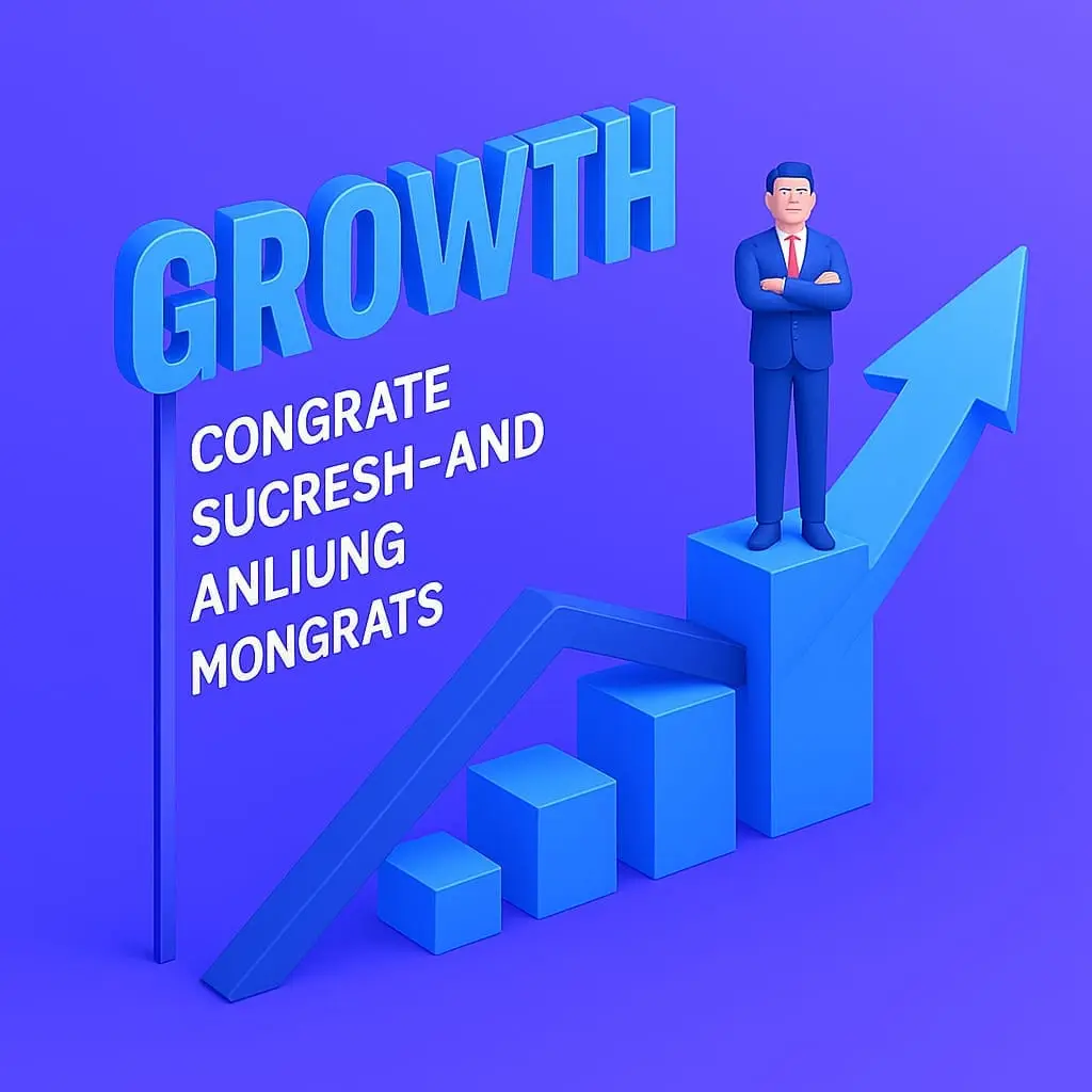Businessman standing on growth bar chart with rising arrow, symbolizing achievement and professional success