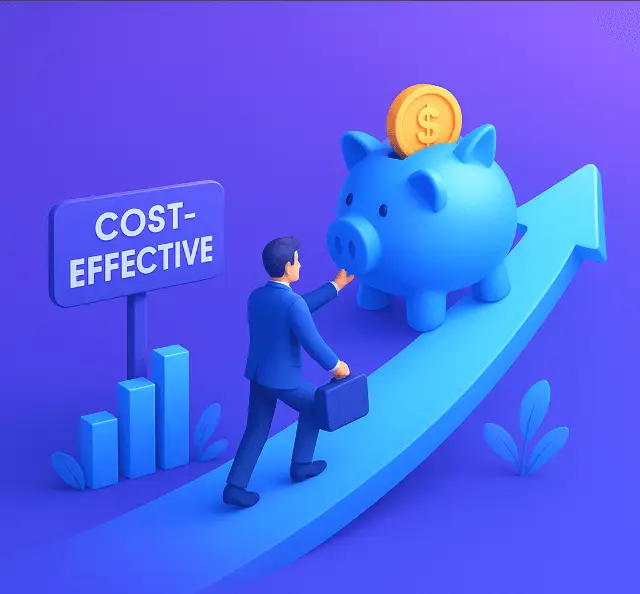 Businessman reaching piggy bank symbolizing cost-effective financial growth strategy