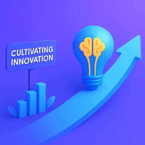 3D light bulb with brain design on upward arrow, symbolizing cultivating innovation and business growth